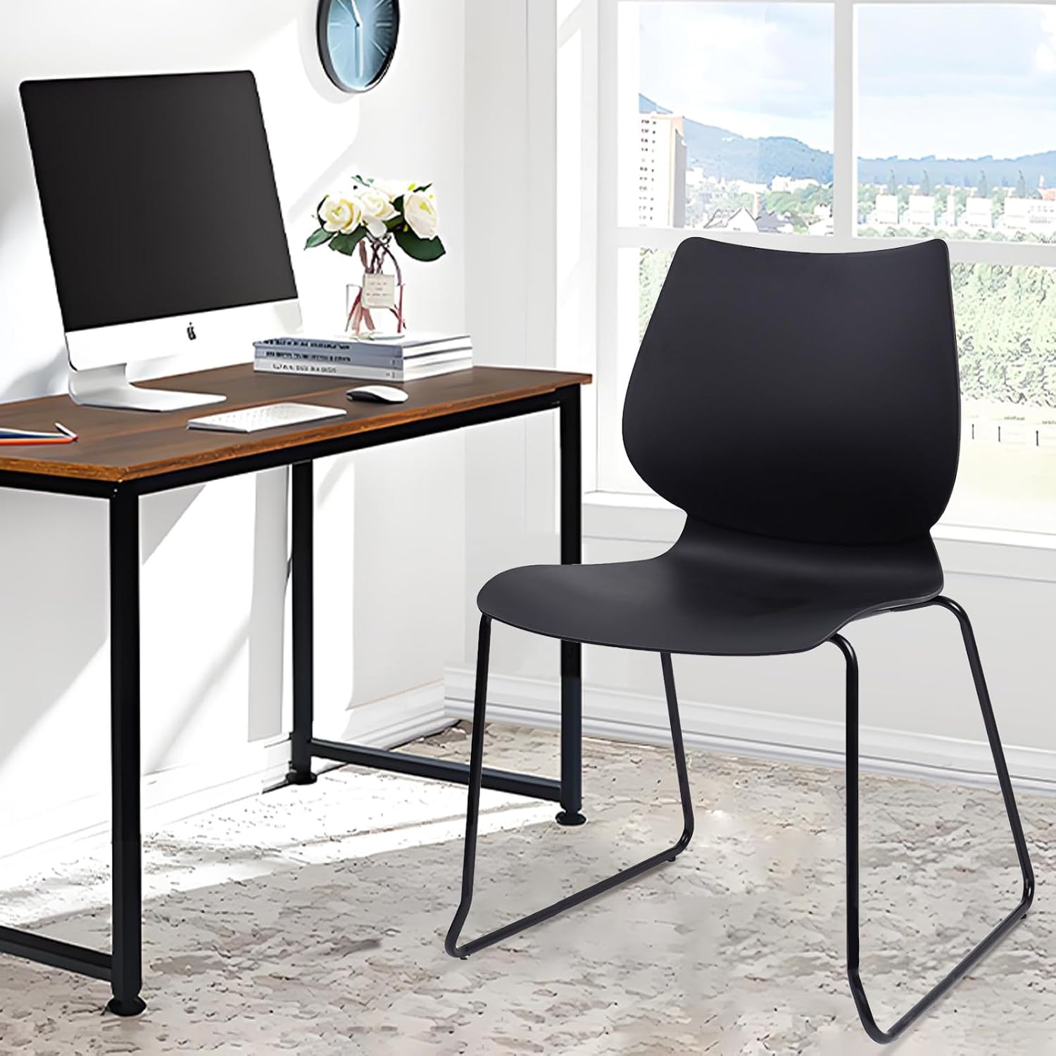 KLASIKA Stackable Waiting Room Chair, Stacking Office Chair with Ergonomic Lumbar Support and Metal Legs, Plastic Desk Chairs for Conference School Church Guest Reception Set of 12, Black