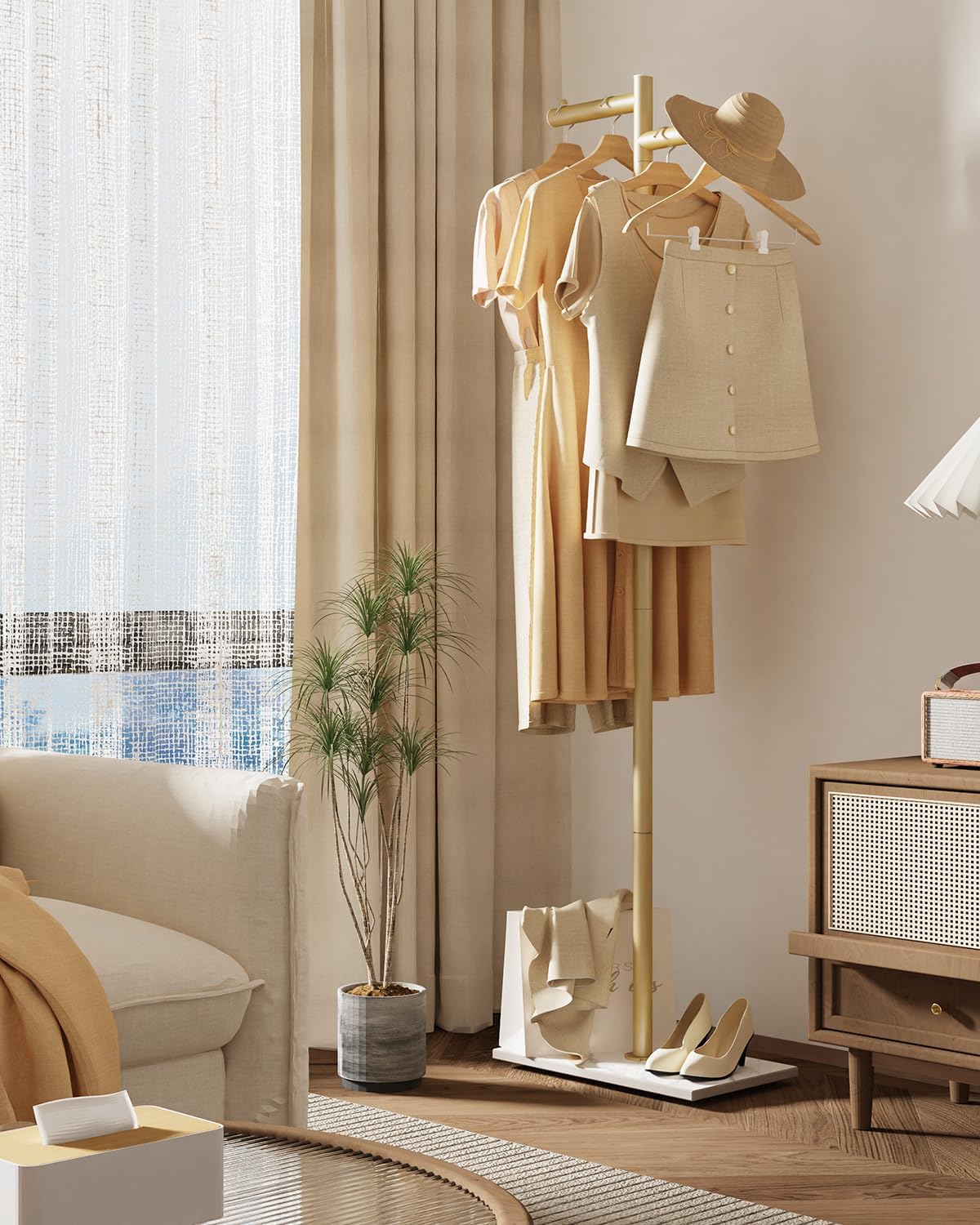 Modern Garment Rack,Z-Shaped Coat Stand with Rock Base,68.9in,Gold | Metal Coat Racks Freestanding with Natural Patterned Base,Easy to Clean Clothes Hangers for Home,Clothing Trees for Office