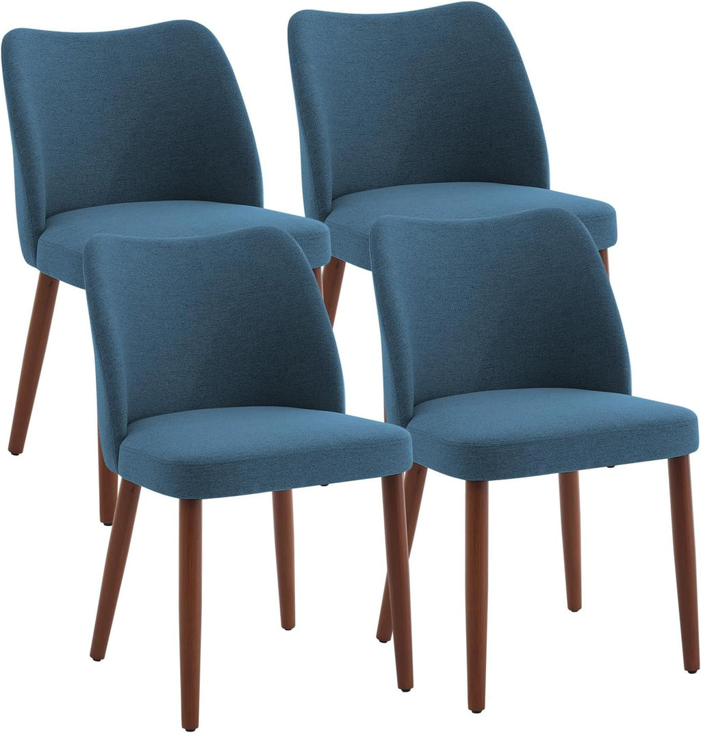Dining Chair Set of 4, Linen Upholstered Dining Chair with Wood Legs, Wing Backrest, Wooden Kitchen Chair, Kitchen Chairs with Thick Cushions for Dining Room, Living Room, Blue