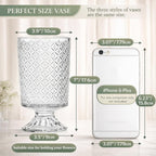 WRINGKIT Set of 3 Embossed Glass Vase, 7'' Clear Vases for Flowers Centerpieces, Wide Mouth Pedestal Vase with Big Base, Cylinder Candle Holder Glass Bouquet Vases for Table, Wedding Home Decor