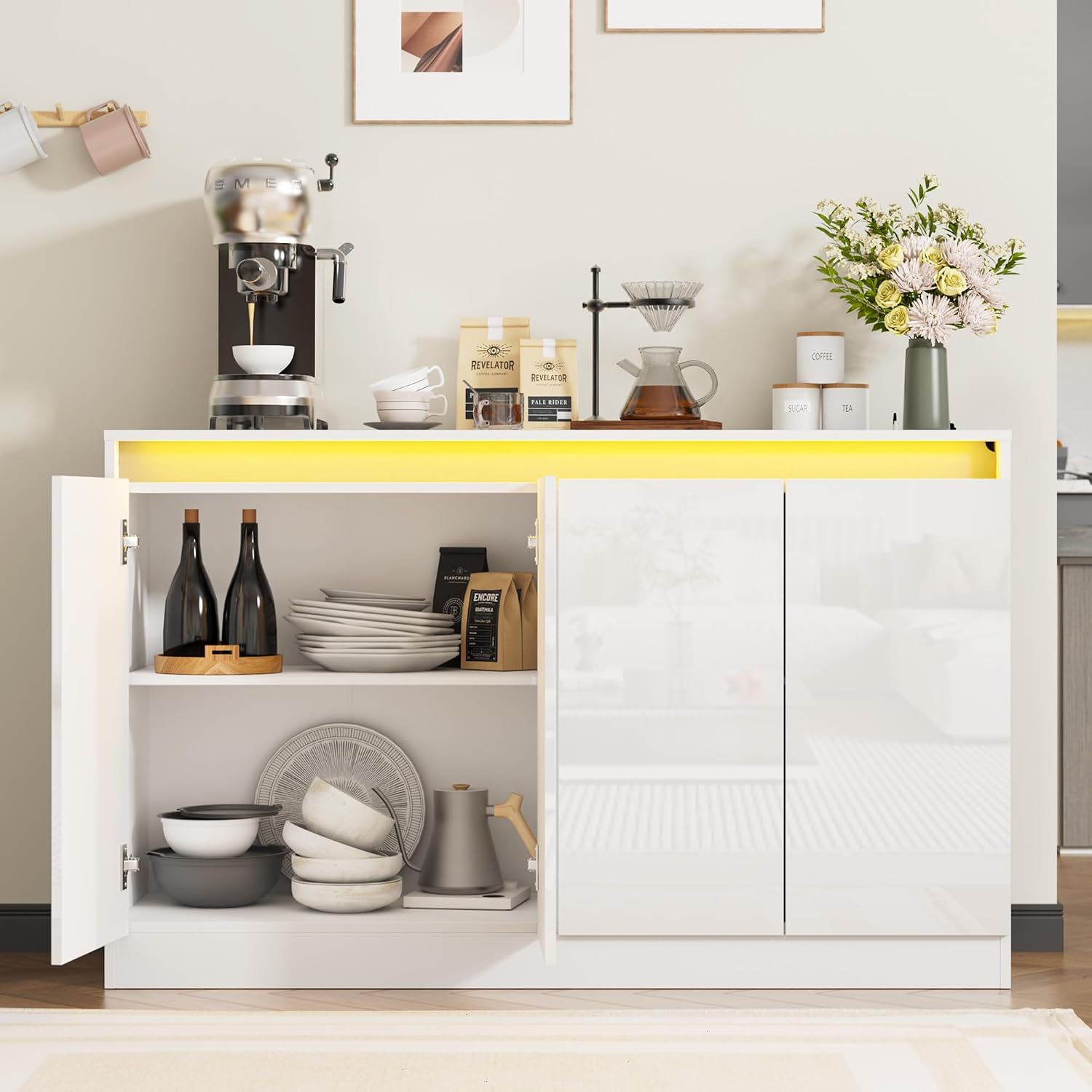 Furnify 51" W Buffet Cabinet with 4 Doors, High Gloss Dorr Sideboard Coffee Bar with LED Lights & Charging Station, Handless Modern Sideboard Storage Cabinet for Living Room, Entryway, White