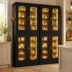Cyclysio 67" LED Kitchen Pantry Cabinet with 6 Adjustable Shelves, Tempered Glass Doors, Built-in Color-Changing LED, Large Storage Cupboard for Kitchen, Dining, Living Room, and Bathroom, Black