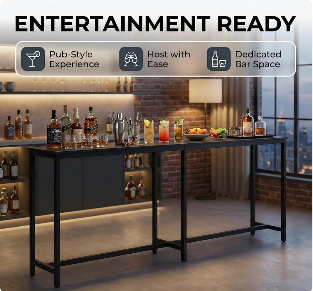 Homleke 71" L Narrow Long Kitchen Dining Bar Table, Counter Height High Pub Desk with Metal Frame for Small Spaces, Black