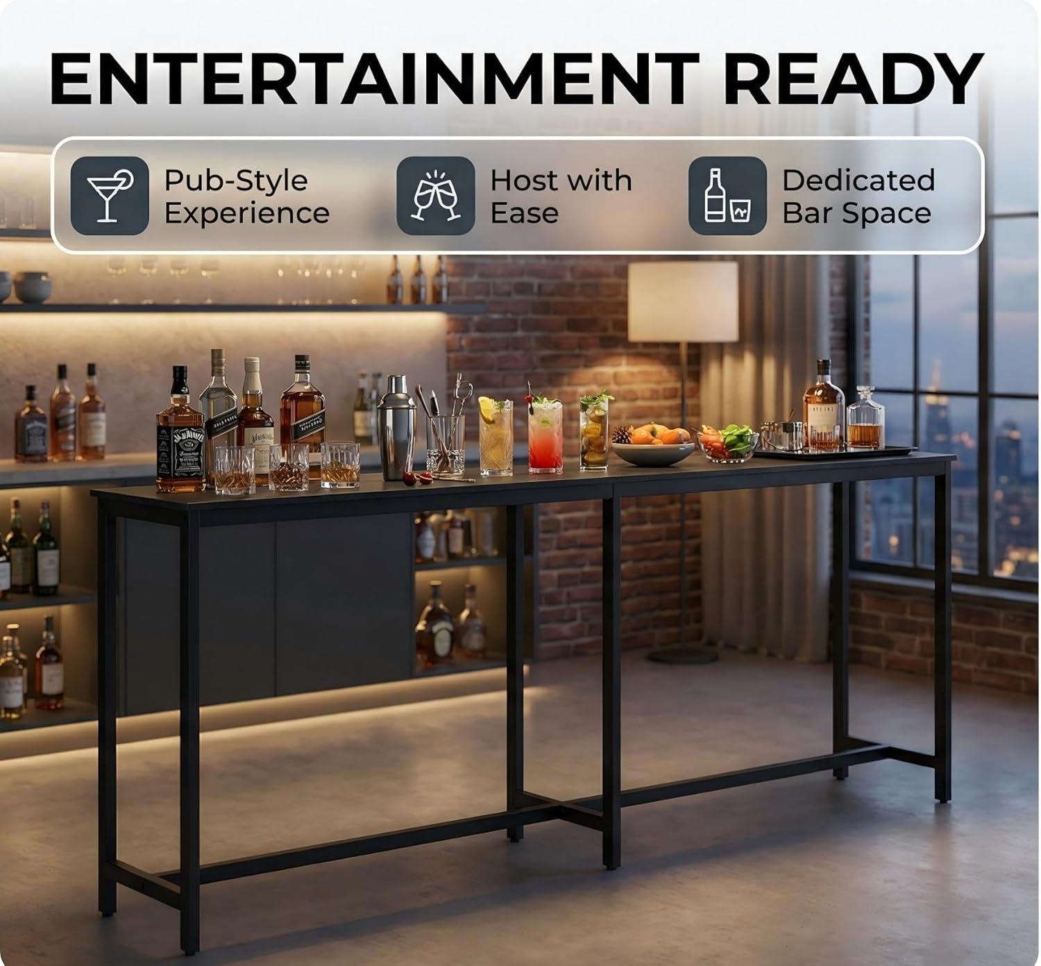 Homleke 71" L Narrow Long Kitchen Dining Bar Table, Counter Height High Pub Desk with Metal Frame for Small Spaces, Black