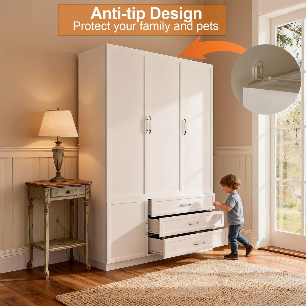 72" Wooden Armoire Wardrobe Closet with 3 Door White Bedroom Armoire with LED Light 3 Drawers Large Modern Wardrobe Cabinet with Retro Ceramic Door Handles and Removable Hanging Rod