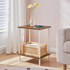 HOOBRO End Tables Set of 2, Small Side Table, Nightstand with 2-Layer Storage Shelves, Sofa Table for Small Spaces, Living Room, Bedroom, Stable Frame, Easy Assembly, Walnut and White WH09BZP201