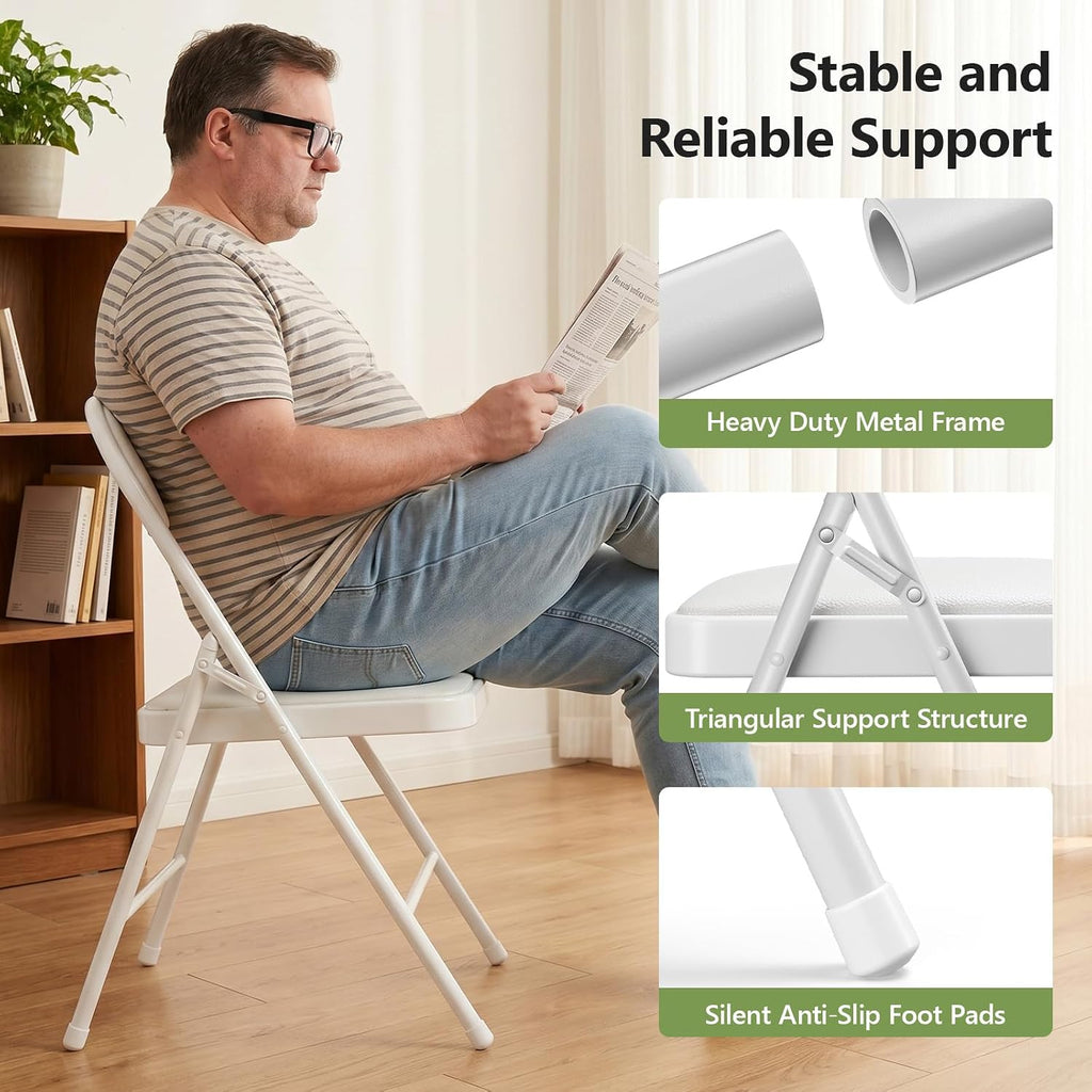 Folding Table and Chairs, 5ft Folding Table with Adjustable Height& PU Leather Padded Folding Chairs 4, Portable Table and Chairs Set for Indoor&Outdoor Party, Camping Use(White Table& White Chair)