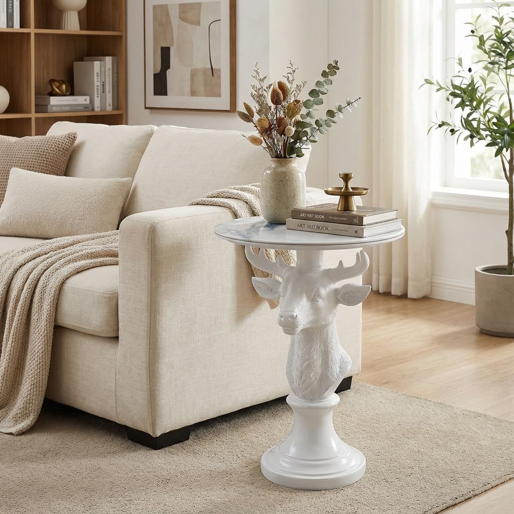 Modern Accent TableLiving Room White Deer Statue Contemporary‌ Faux Marble Night Stand Side Table with White Deer Base Reception Area & Bedroom（Width 19.69" ——Tall 25.59"）