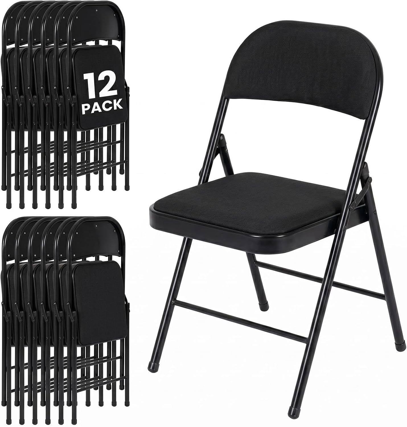 12 Pack Folding Chairs, Fabric Dining Chair Set with Padded Cushion and Back, Indoor Outdoor Seat for Home Office, Parties, Events, Wedding, Extra Guest Seating, Obsidian Black