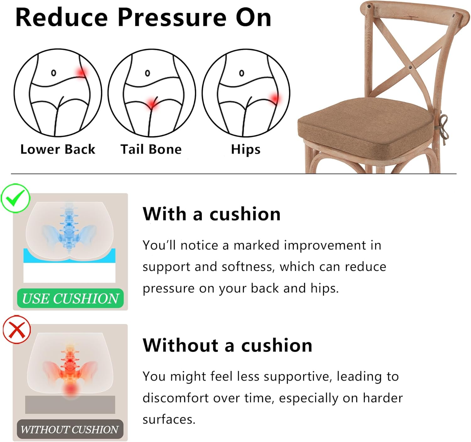 Nordjager Chair Pads for Dining Chairs, Chair Cushions 2 Piece, 17"x 16"x 2.5" Memory Foam Seat Cushions with Ties and Removable Cover