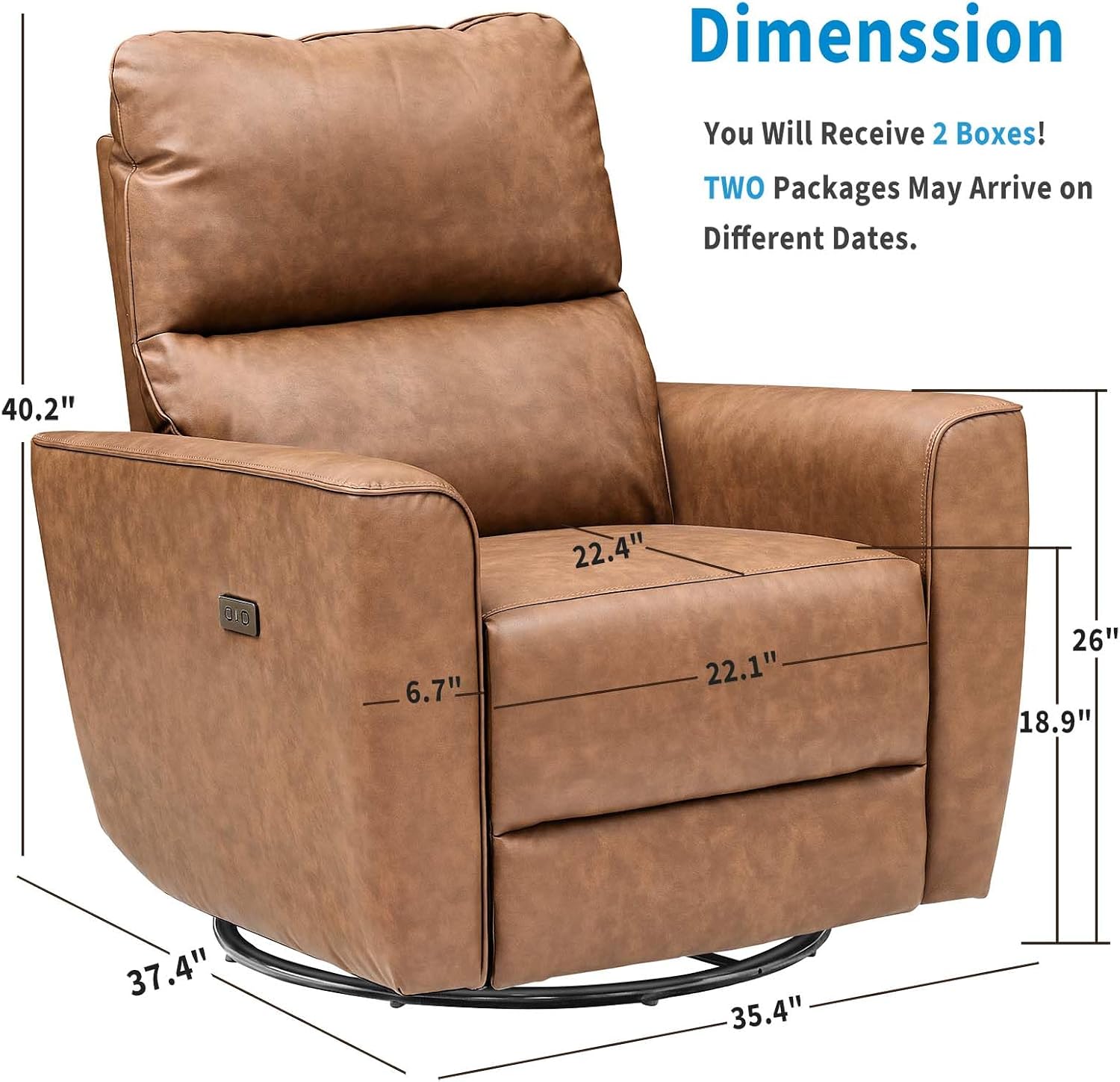 Power Recliner Chair Swivel Glider Upholstered Faux Leather Nursery Rocker Reclining Sofa Chair with Charging Port, Curved Armrests & Padded Backrest for Living Room and Bedroom (Brown)