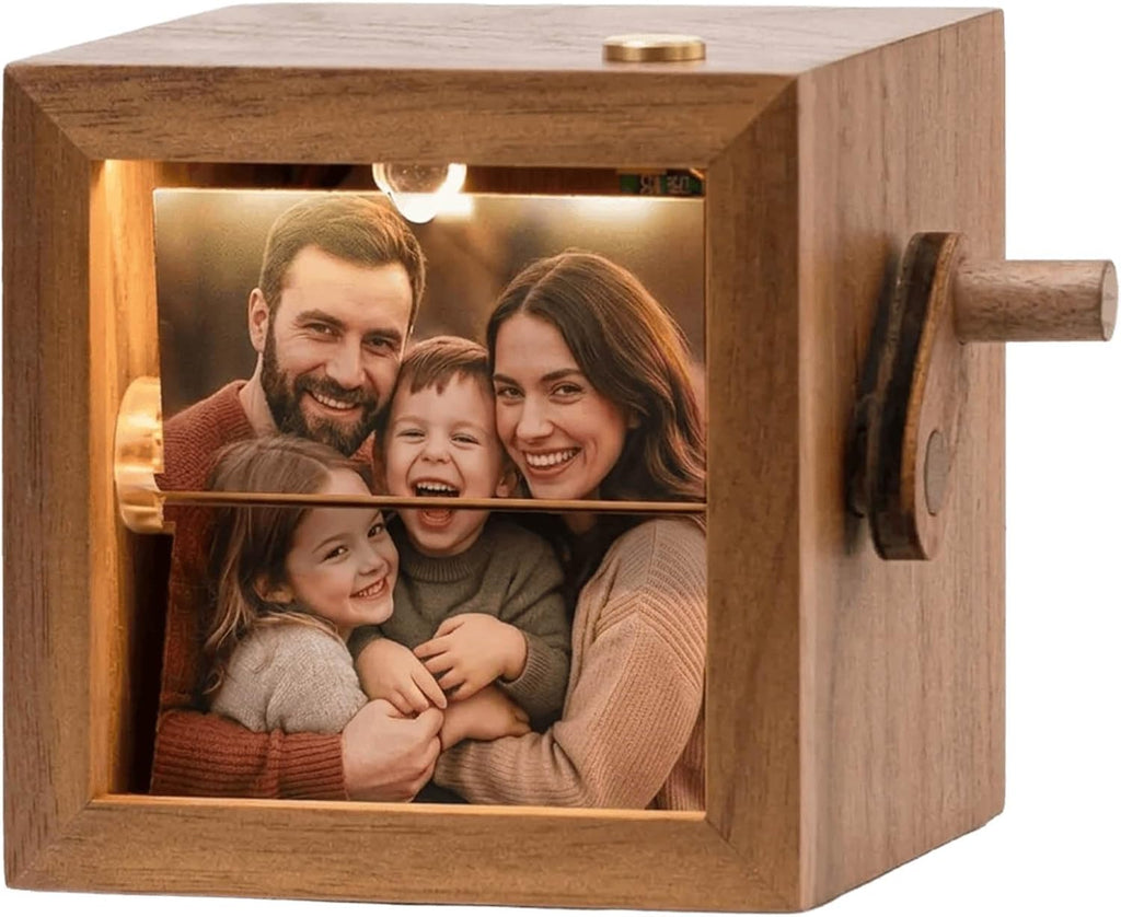 2026 Custom Photo Flip Book Frame For Mom Family Couple Hand Crank Flipbook Box Animation Machine Mechanical Photo Album Wooden Flip Book Gifts for Mothers Day Fathers Day Birthday (Black Walnut)