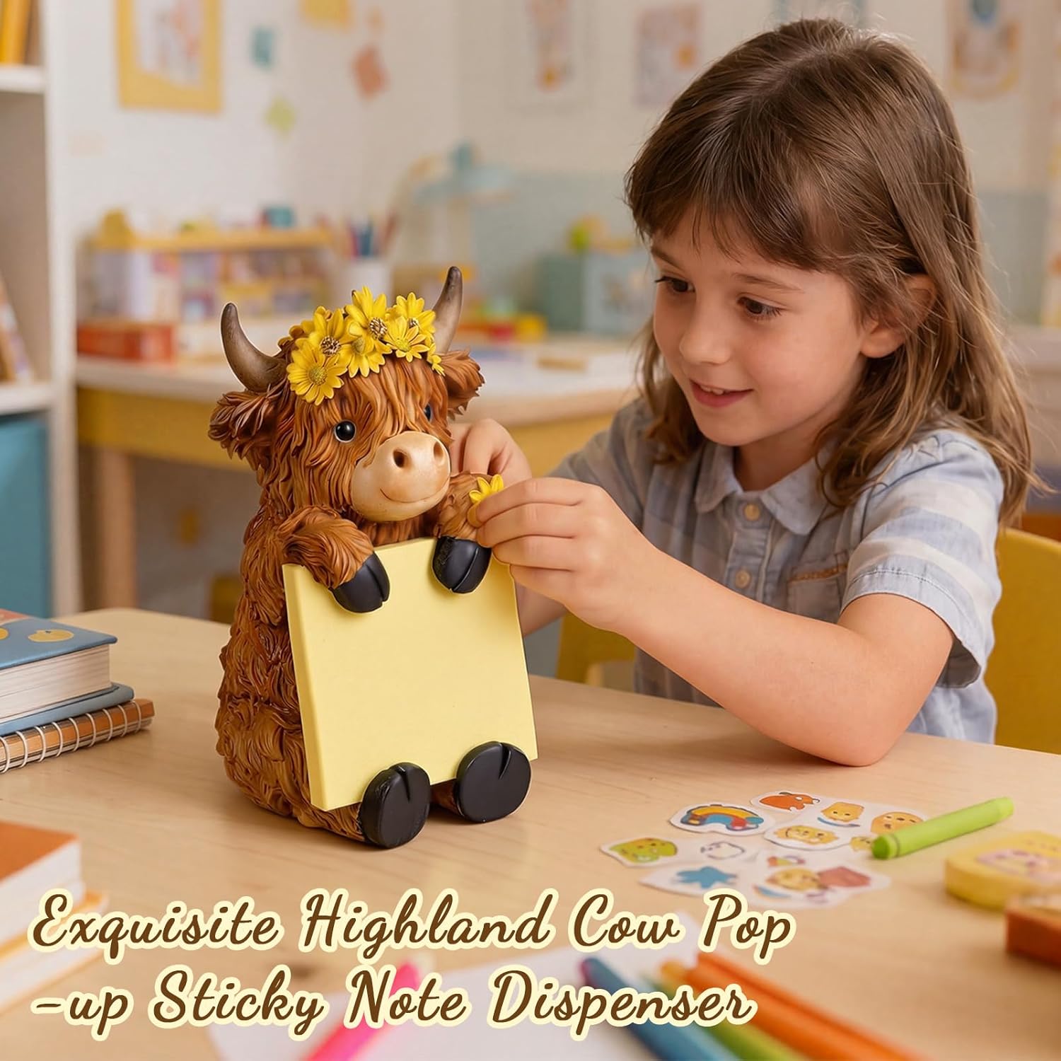 Thenshop Sunflower Highland Cow Pop up Sticky Note Dispenser Resin Highland Cow Note Holder with 100 Sheets 3 x 3 Inch Sticky Notes Desk Accessory for Office Home(Brown,Classic)