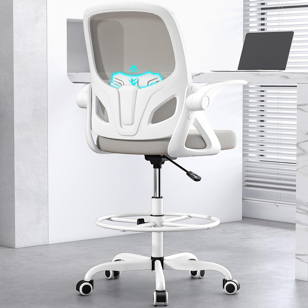 Kensaker Drafting Chair Tall Office Chair, Ergonomic Standing Desk Chair with Adjustable Foot Ring and Flip-up Armrests, Mesh Computer Chair for Art Studio, 300 LBS, Gray