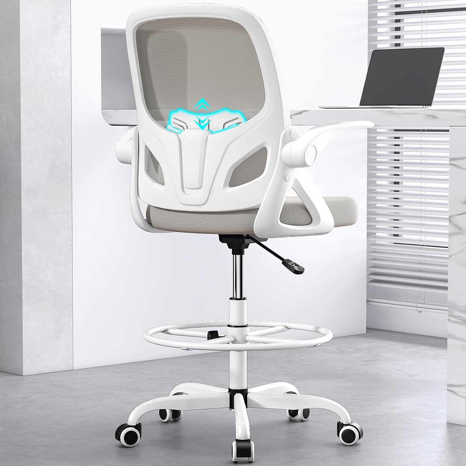 Kensaker Drafting Chair Tall Office Chair, Ergonomic Standing Desk Chair with Adjustable Foot Ring and Flip-up Armrests, Mesh Computer Chair for Art Studio, 300 LBS, Gray