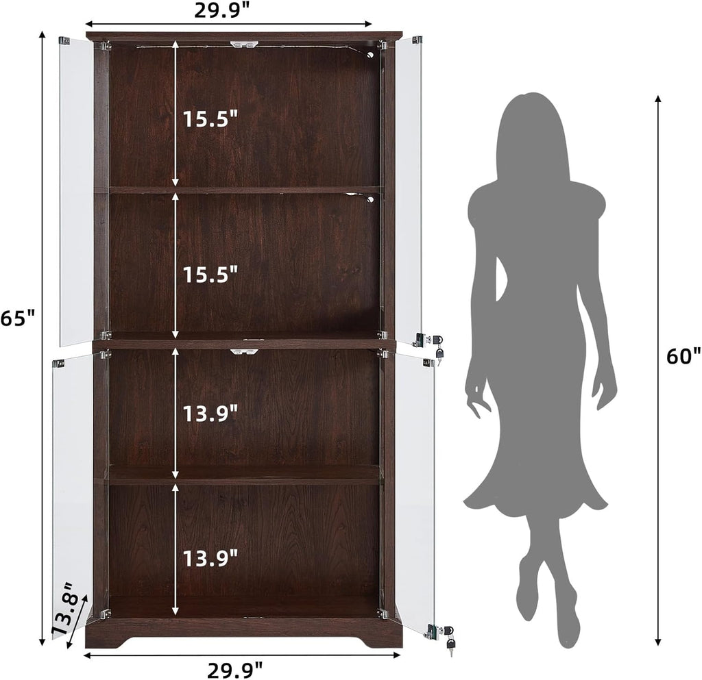 LELELINKY Farmhouse Glass Display Cabinet with Doors, Wooden Curio Cabinet for Collectibles with 3-Color LED Motion-Sensor Light & Reinforced Base, Walnut