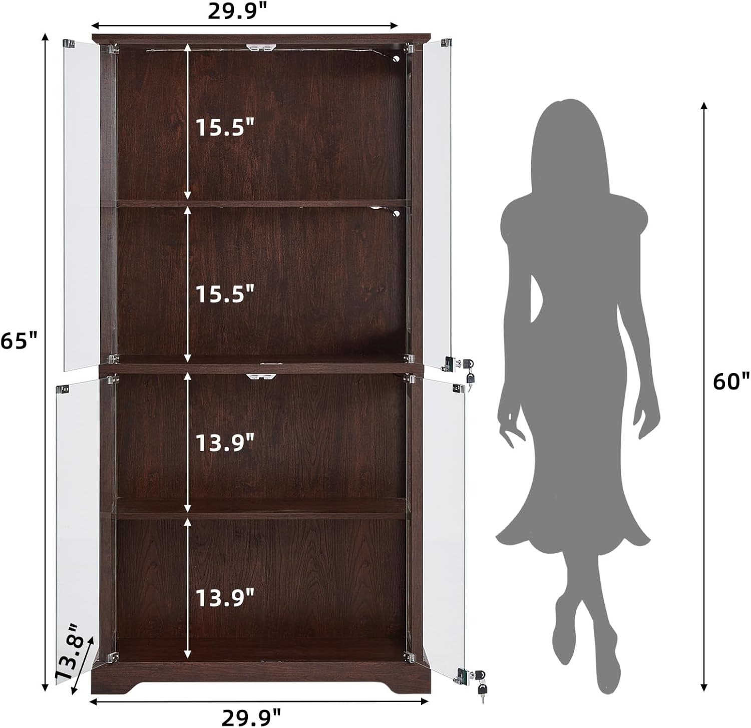 LELELINKY Farmhouse Glass Display Cabinet with Doors, Wooden Curio Cabinet for Collectibles with 3-Color LED Motion-Sensor Light & Reinforced Base, Walnut