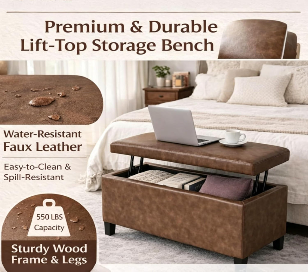 Homebeez 42 inch Lift Top Storage Ottoman Bench, Modern Faux Leather Rectangular Ottoman with Storage for Living Room, Bedroom, Entryway, Tan
