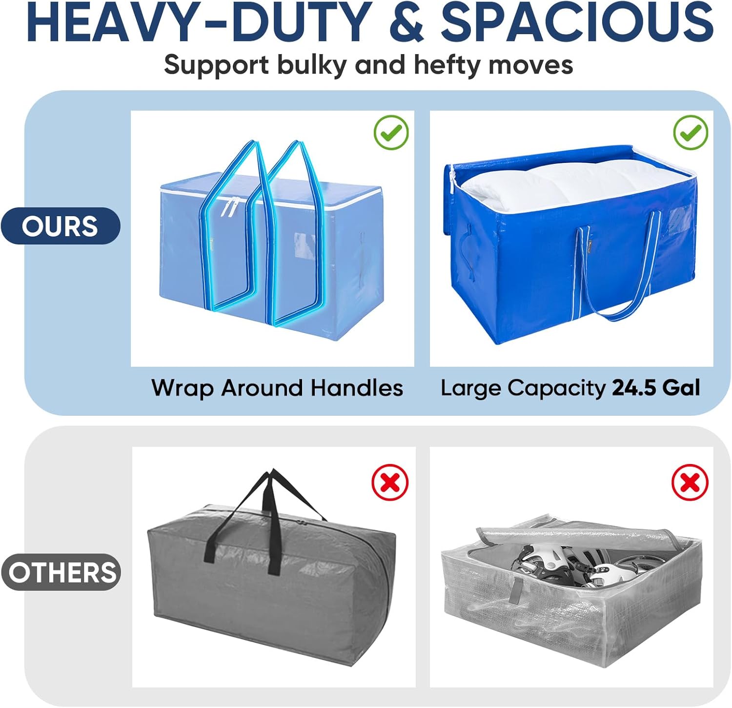 BALEINE 6-Pack Oversized Moving Bags with Reinforced Handles, Heavy-Duty Storage Tote for Clothes, Moving Supplies (Royal Blue, 6-Pack)