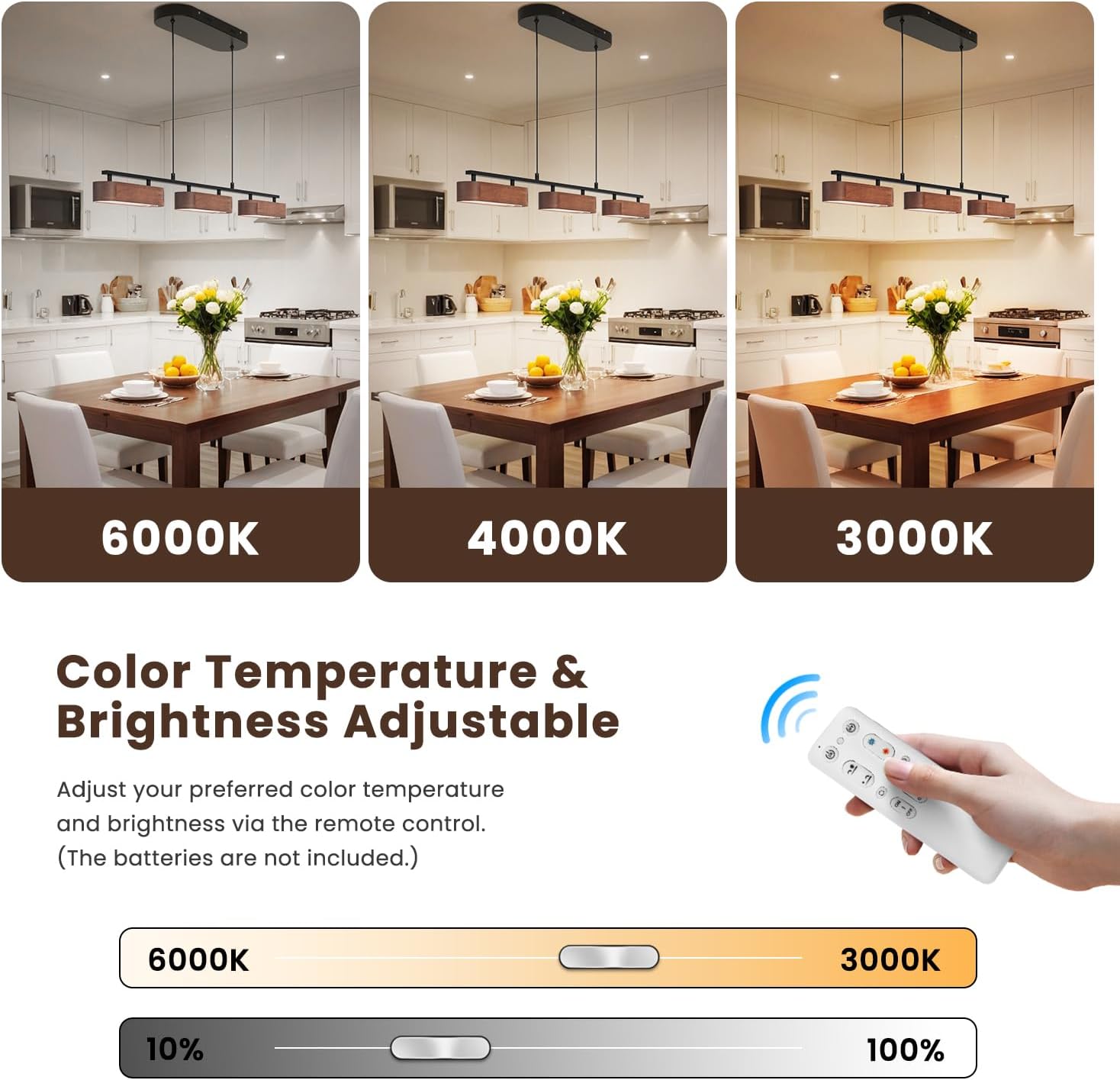 37.6" Kitchen Island Lights, 28W Wood Dining Room Light Fixtures Over Table, Dimmable Linear Pendant Lights for Kitchen Island, 3-Light Rustic Hanging Farmhouse Chandeliers, Walnut Color