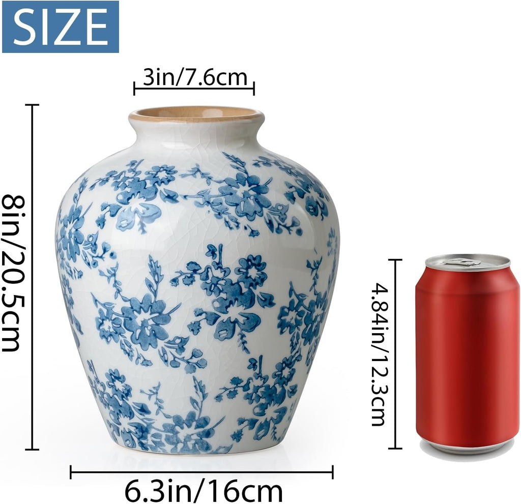 Blue and White Vase, 8 Inch Vintage Chinoiserie Ceramic Vase, Rustic Flower Vases Decorative Antique Vases for Home Decor, Retro Ice Cracked Porcelain Farmhouse Table Centerpieces Decor