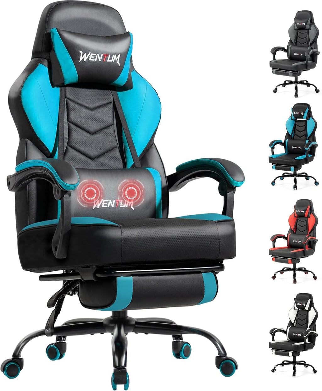 Massage Gaming Chair, Big and Tall Computer Game Chair with Lumbar Support & Footrest, Breathable PU Leather Gamer Office Desk Chair with Adjustable Height and 360° Swivel Wide Seat, Blue
