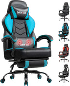 Massage Gaming Chair, Big and Tall Computer Game Chair with Lumbar Support & Footrest, Breathable PU Leather Gamer Office Desk Chair with Adjustable Height and 360° Swivel Wide Seat, Blue