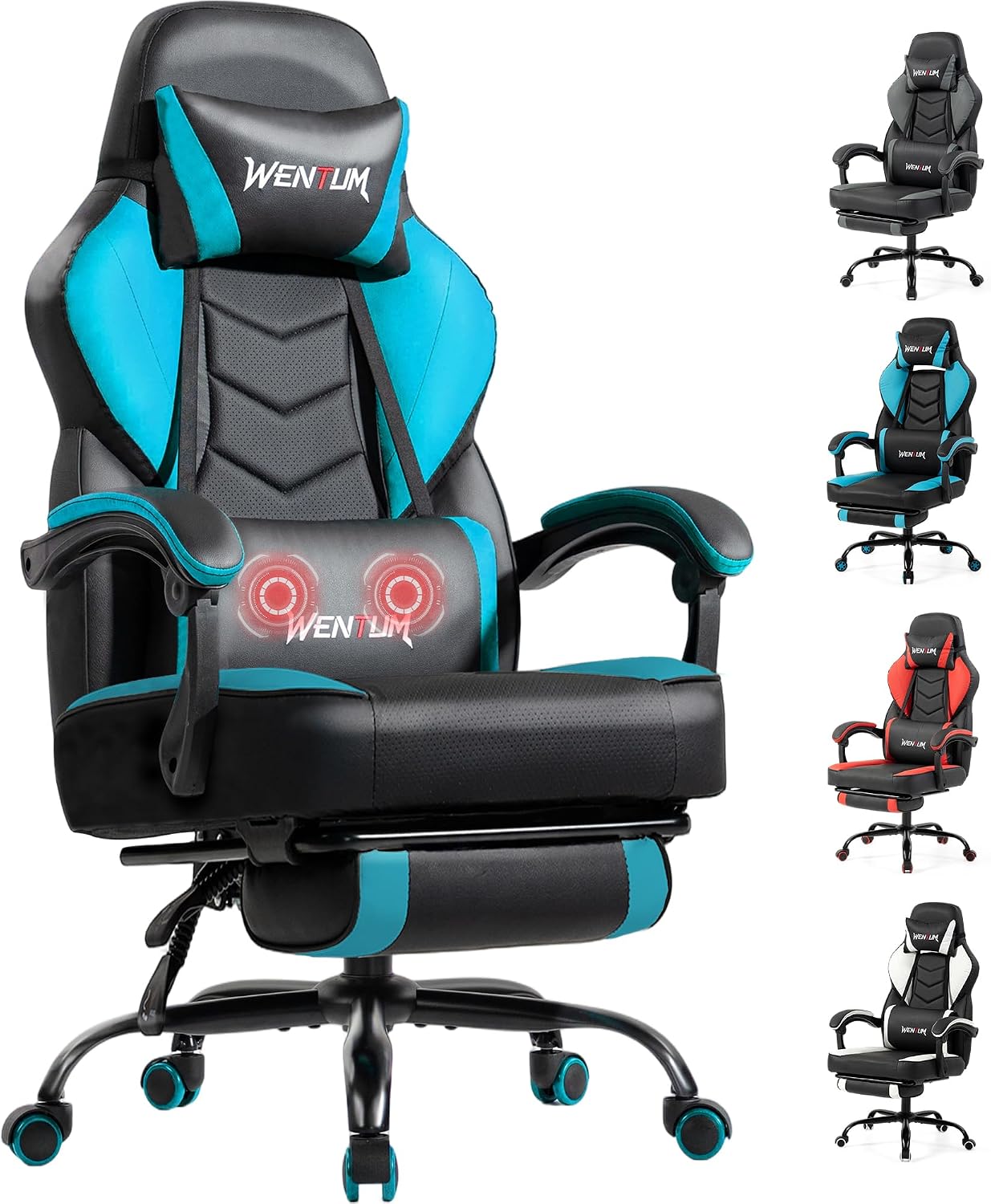 Massage Gaming Chair, Big and Tall Computer Game Chair with Lumbar Support & Footrest, Breathable PU Leather Gamer Office Desk Chair with Adjustable Height and 360° Swivel Wide Seat, Blue