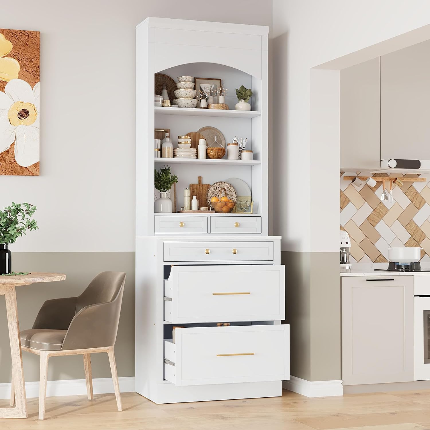 83.7inch High Modern Utility Kitchen Pantry, Freestanding Tall Kitchen Hutch with Storage, Larder Cupboard Cabinet with 5 Storage Drawers and Adjustable Shelf for Dining Room, Living Room