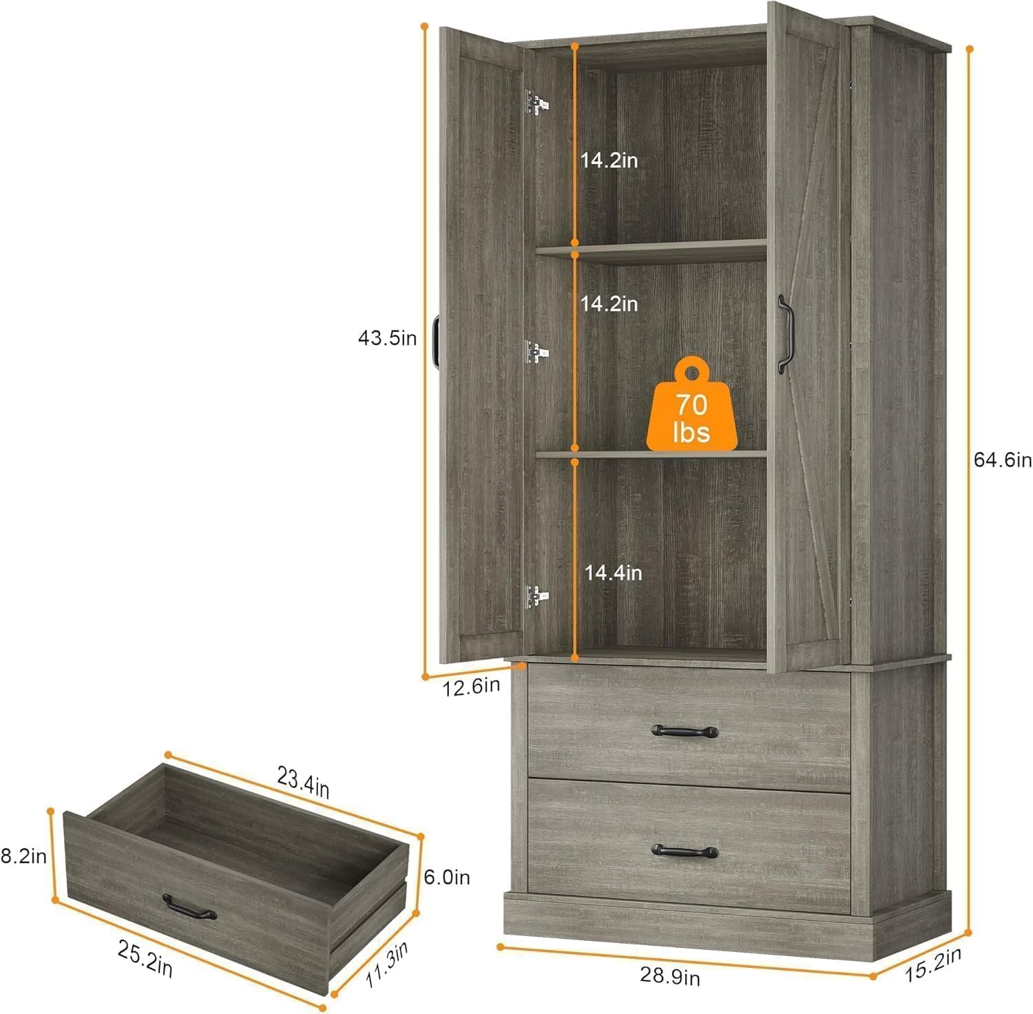 IDEALHOUSE Kitchen Pantry Cabinet, Freestanding Tall Hutch with Barn Doors, Drawer and 2 Adjustable Shelves for Dining Room, Kitchen, Grey