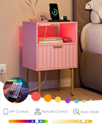 Nightstand with Charging Station and LED Lights, Modern Pink Bedside Table with Fluted Panel Drawer and Gold Legs, End Table with USB Ports & Outlets for Bedroom, Living Room