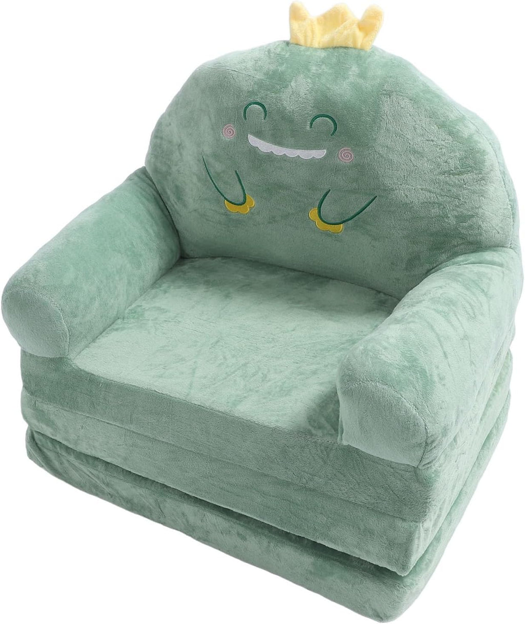 Cartoon Green Dinosaur Kids Sofa, Foldable Toddler Chair with Wide Handle, Soft Breathable Mini Couch for Reading, Relaxing, Sleeping (Folding in Thirds)