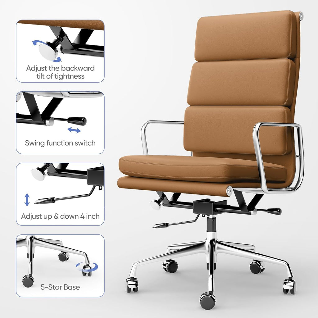 Genuine Leather Office Chair, Padded Executive Desk Chair with Arms, Wheels, Lumbar Support, Aluminum Base (Light Brown, High-Back)