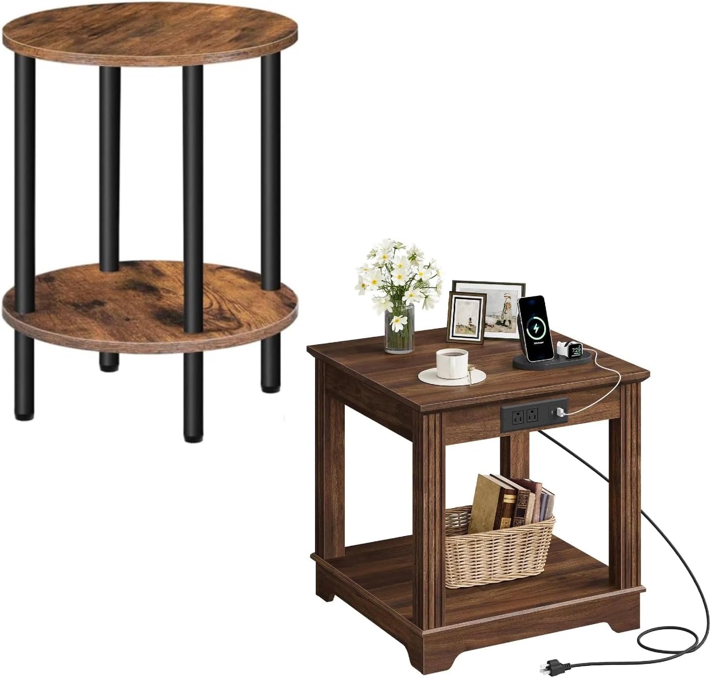 CHOEZON Round Side Table and Farmhouse End Table with Charging Station Bundle, 2-Tier Large Side Table, Square End Table, Skinny Sides Table for Living Room, Bedroom TBZ01BF-MBZ15UHT
