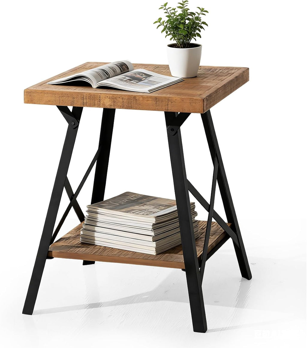 Solid Wood End Table, 2 Tier Square Side Table with Storage Shelf, Solid Pine Top, Sturdy Metal Legs Nightstand for Small Spaces, Living Room, Bedroom, 20 x 20 x 24.8 in, Rustic Brown