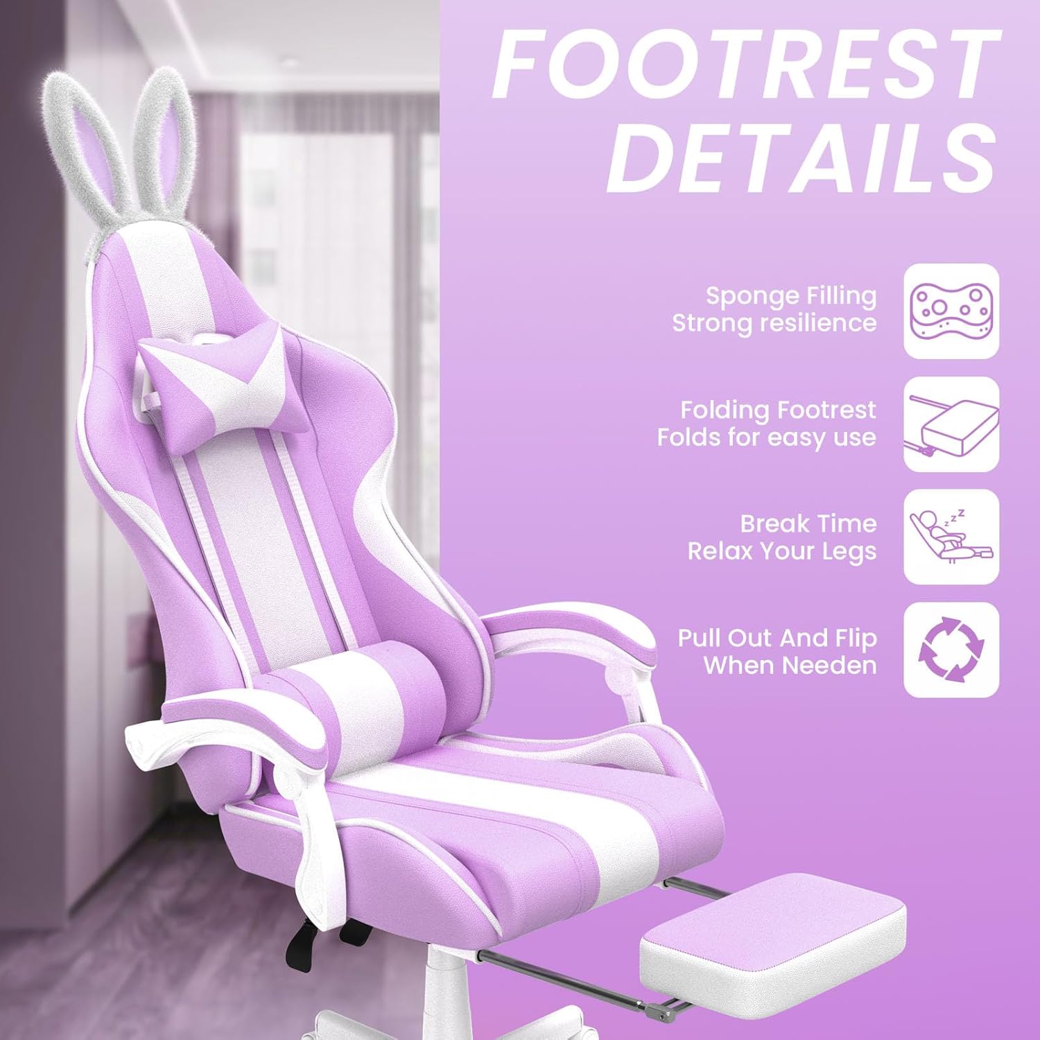 Ferghana Kawaii Light Purple Gaming Chair with Bunny Ears, Ergonomic Cute Gamer Chair with Footrest and Massage, Racing Reclining Leather Computer Game Chair for Girls Adults Teens Kids