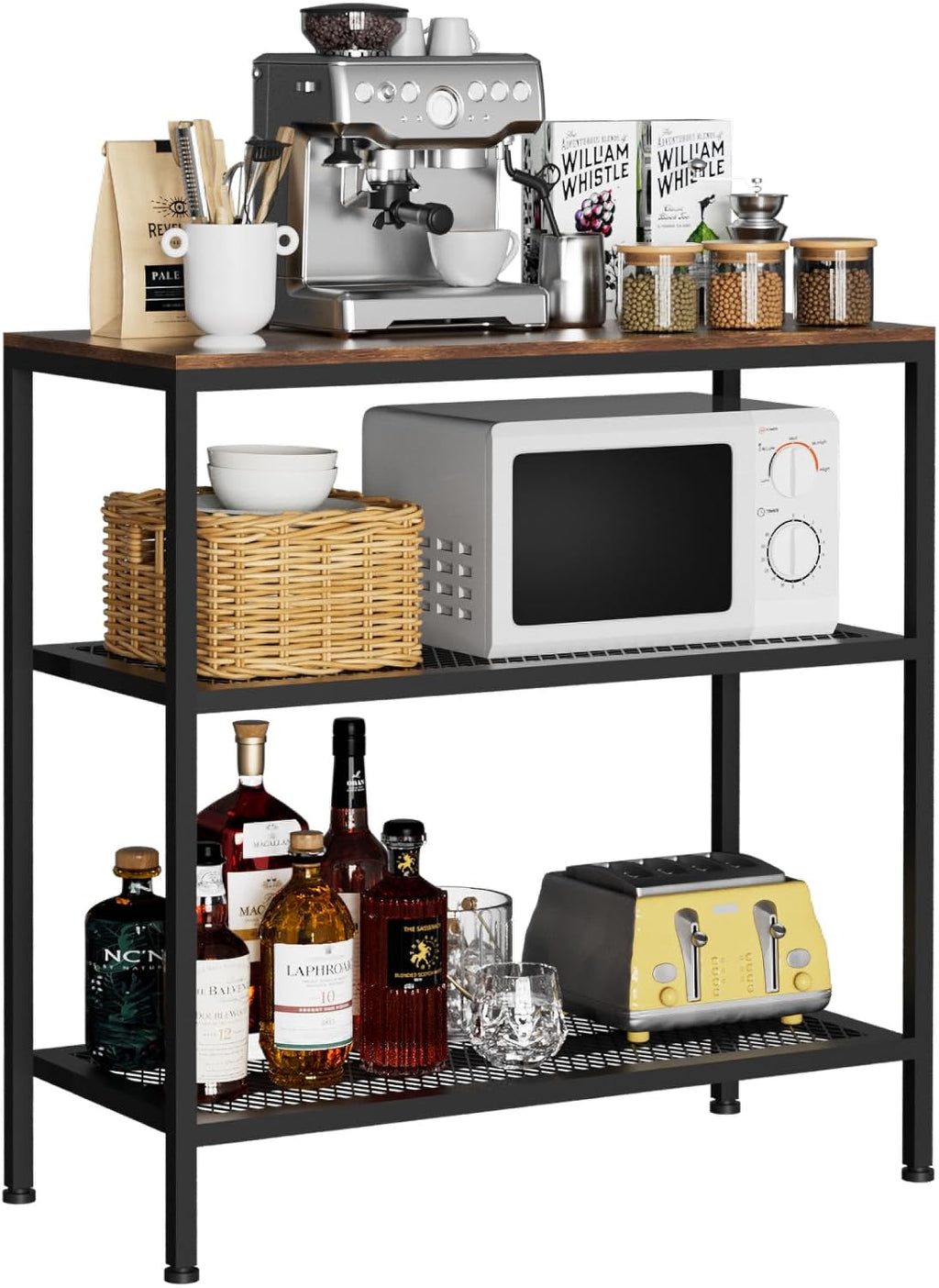Kitchen Island with 3 Tier Storage, Height-Adjustable Kitchen Shelf, Microwave Stand for Dining, Sturdy Metal Frame, 30.7" L x 13.77" D x 31.51" H,Rustic Brown and Black