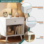 Modern Nightstand with Drawer, White Night Stand with Storage Shelf 2 Tier Bedside Table for Small Spaces Wooden End Table Mid Century Side Table for Bedroom Living Room Nursery