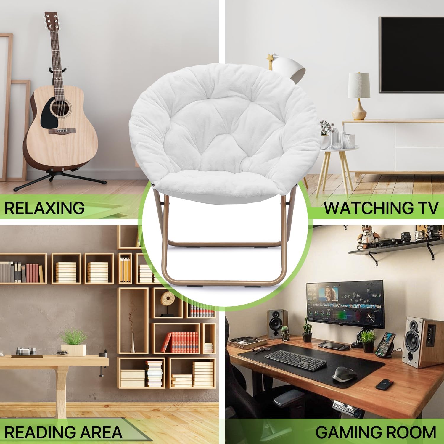 Magshion Folding Saucer Chair for Adults with Ottoman, Circle Reading Chair for Bedroom, Living Room & Dorm, Furry Comfy Accent Seat with Metal Leg & Thick Padded for Small Spaces (White, 1 Pack)