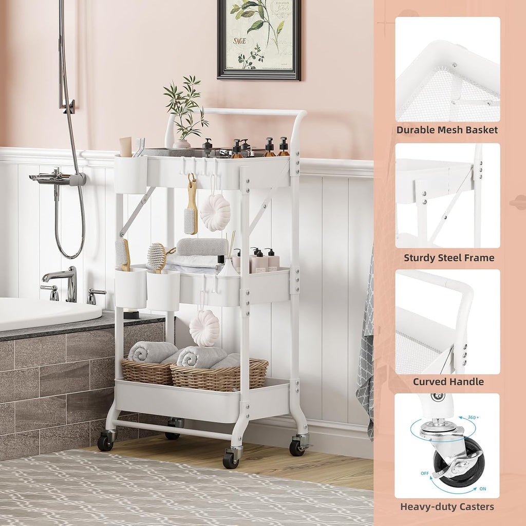 3-Tier Folding Rolling Utility Cart with Wheels, Foldable Storage Cart Organizer with 3 Hanging Cups & 6 Hooks for Kitchen, Office, Living Room, Nursery(White)
