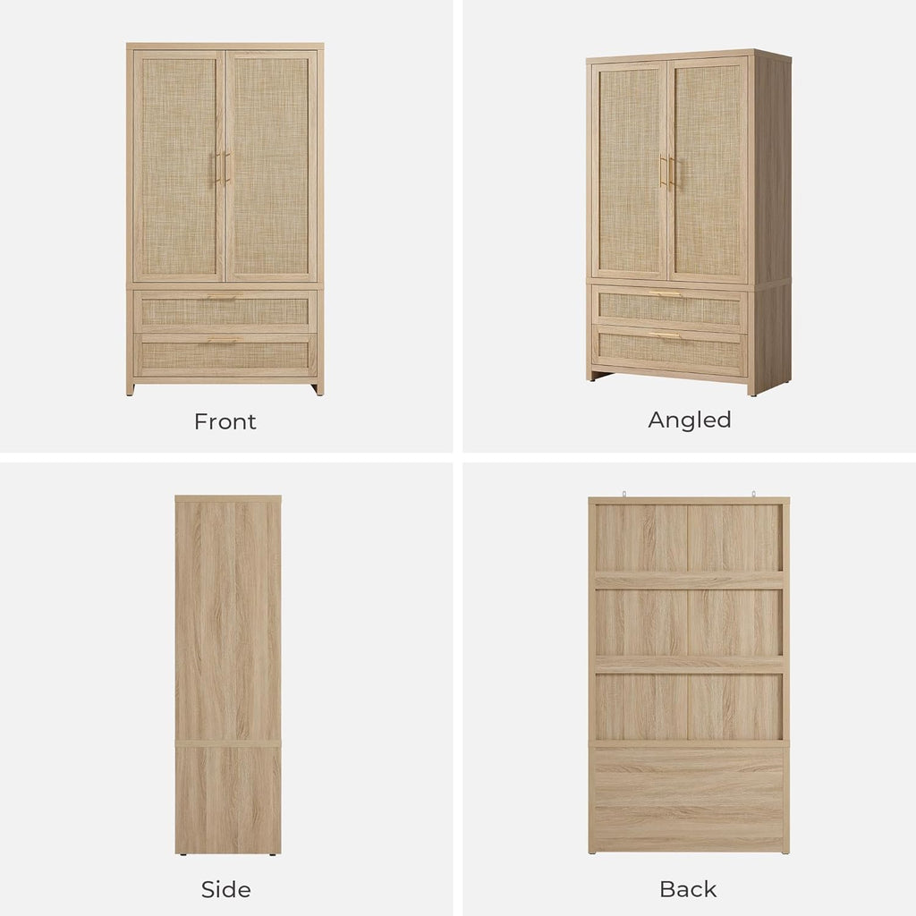 SICOTAS 71 inch Rattan Wardrobe Closet : Armoire Wardrobe with Drawers | Farmhouse Boho Storage Cabinet with Hanging Rod, Large-Capacity Deep Armoire Clothes Organizer for Bedroom, Cloak Room