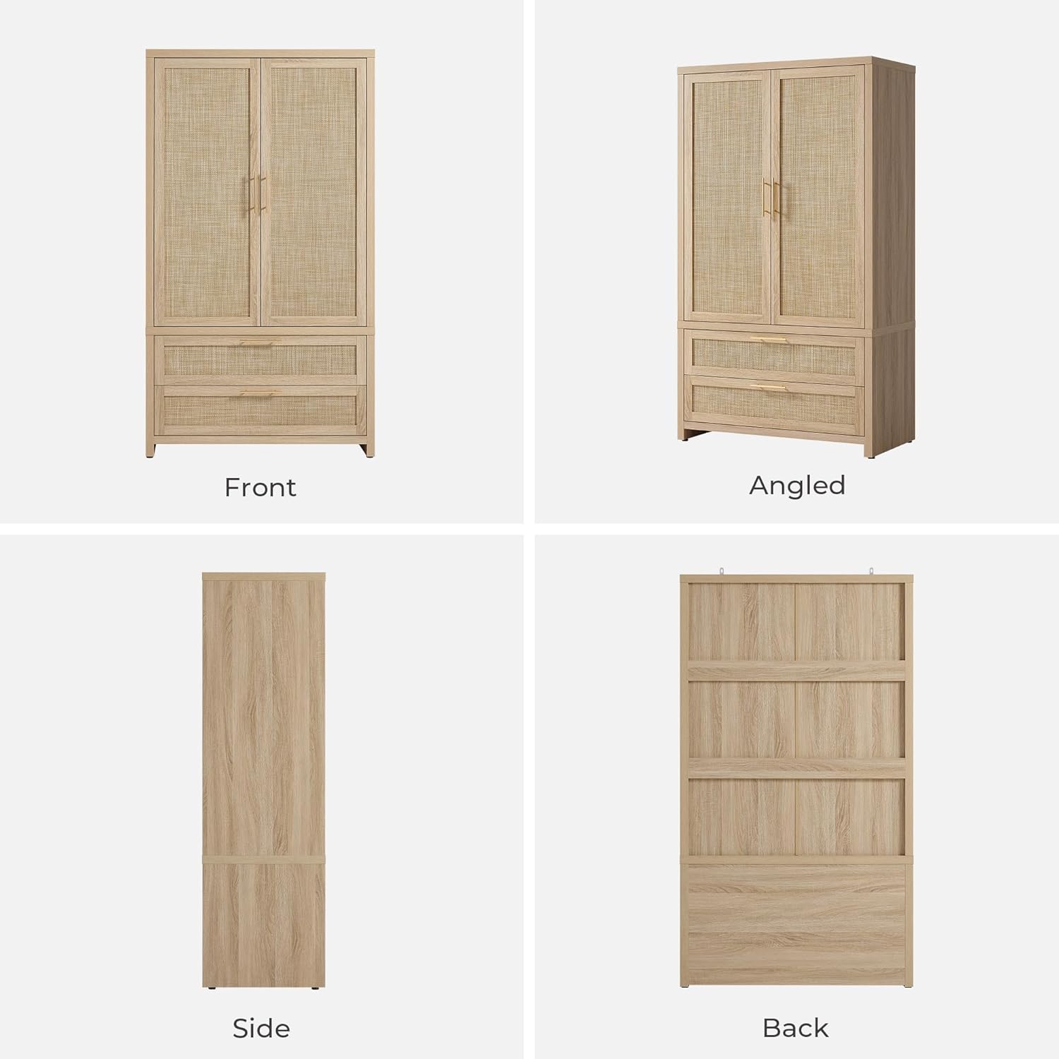 SICOTAS 71 inch Rattan Wardrobe Closet : Armoire Wardrobe with Drawers | Farmhouse Boho Storage Cabinet with Hanging Rod, Large-Capacity Deep Armoire Clothes Organizer for Bedroom, Cloak Room