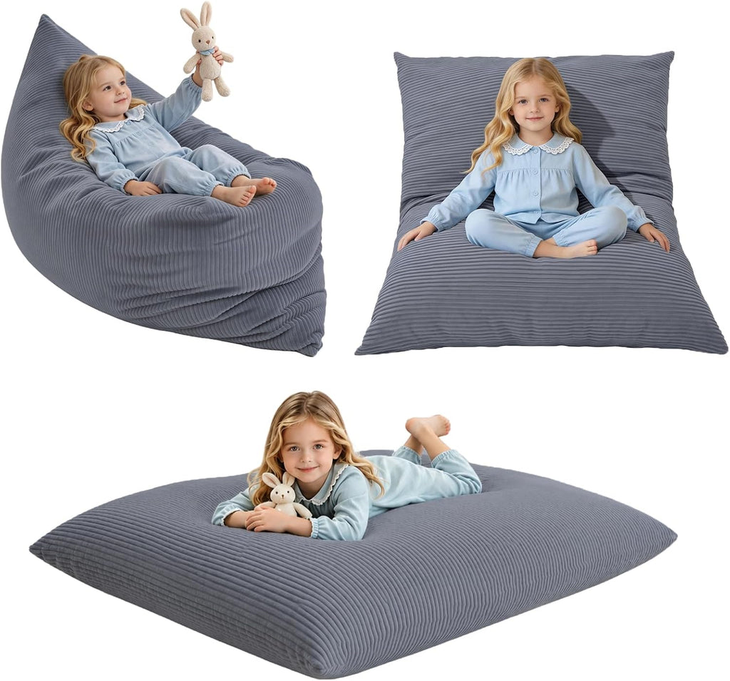 3-in-1 Kids Bean Bag Chair, Convertible Floor Cushion | Odor-Free Shredded Foam Resists Clumping, Removable Corduroy Cover, Cozy Lounge Seating for Bedrooms, Playrooms, Classrooms