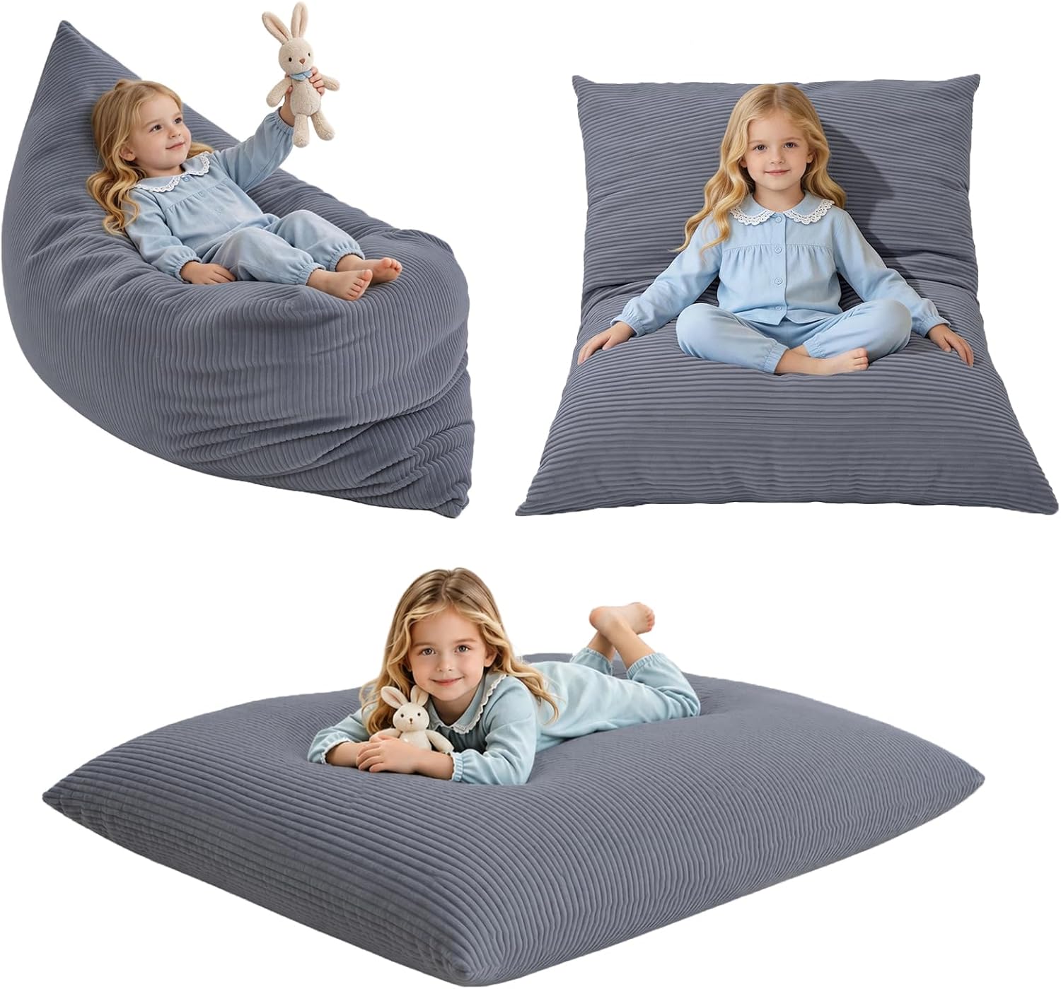 3-in-1 Kids Bean Bag Chair, Convertible Floor Cushion | Odor-Free Shredded Foam Resists Clumping, Removable Corduroy Cover, Cozy Lounge Seating for Bedrooms, Playrooms, Classrooms