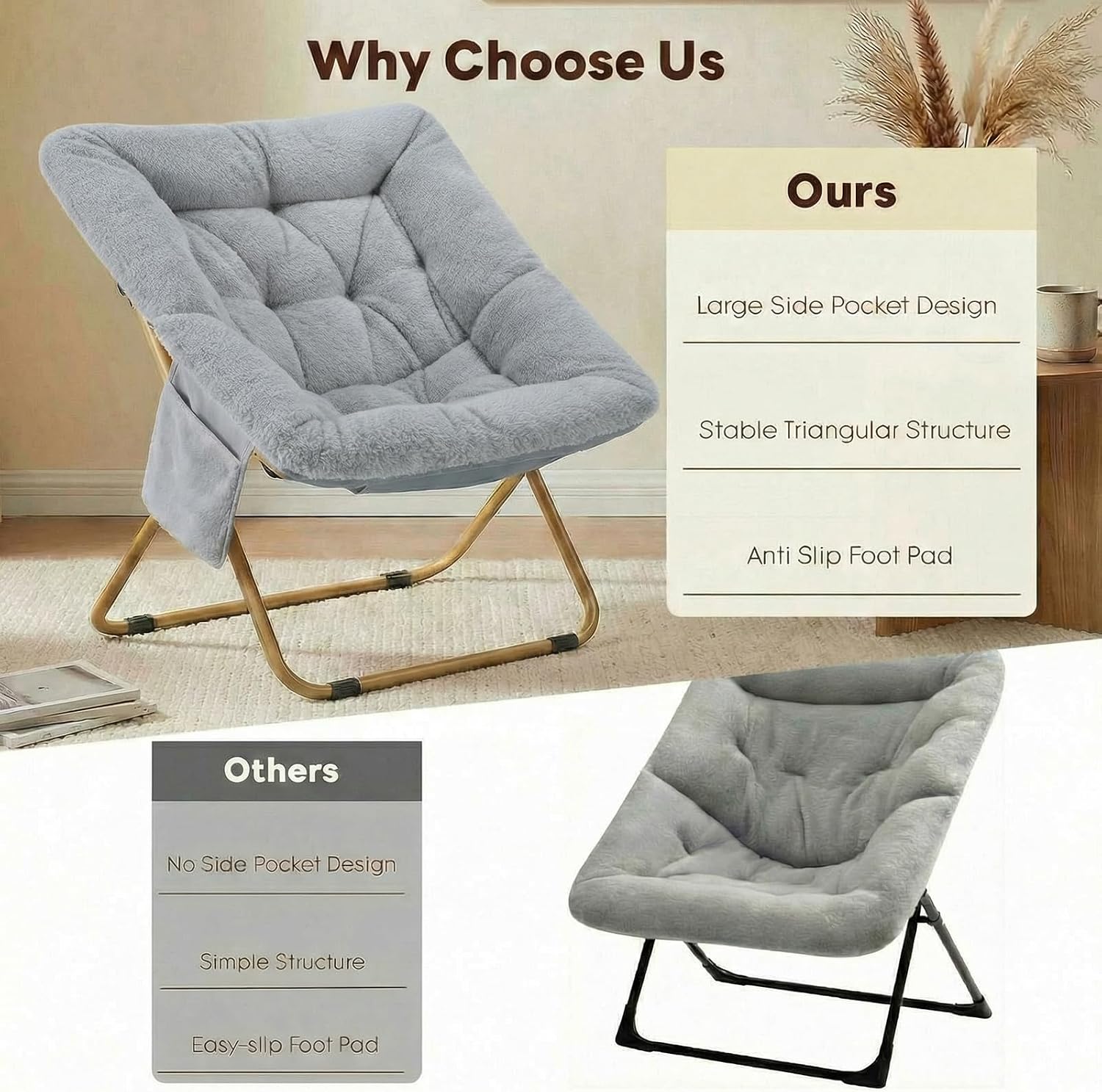 Folding Saucer Chair, Comfy Reading Chair with Soft Thick Padded Seat | Plush Faux Fur Lounge Chair for Small Space, Bedroom, Dorm, Living Room, X-Large Lazy Chair for Adults Teens Kids