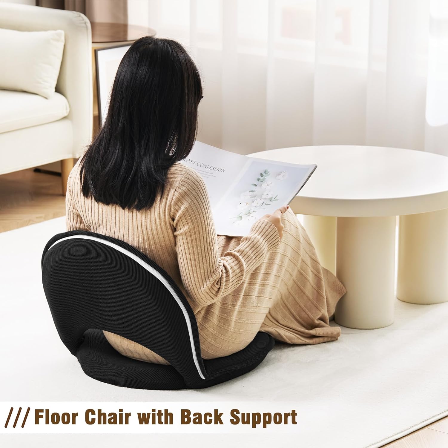 YOUKEEEJOJO Floor Chair 5-Position Adjustable Back Support Chair Foldable Camping,Video-Gaming Reading Watching, Upholstered Meditation Convenient Seat(2,Black)