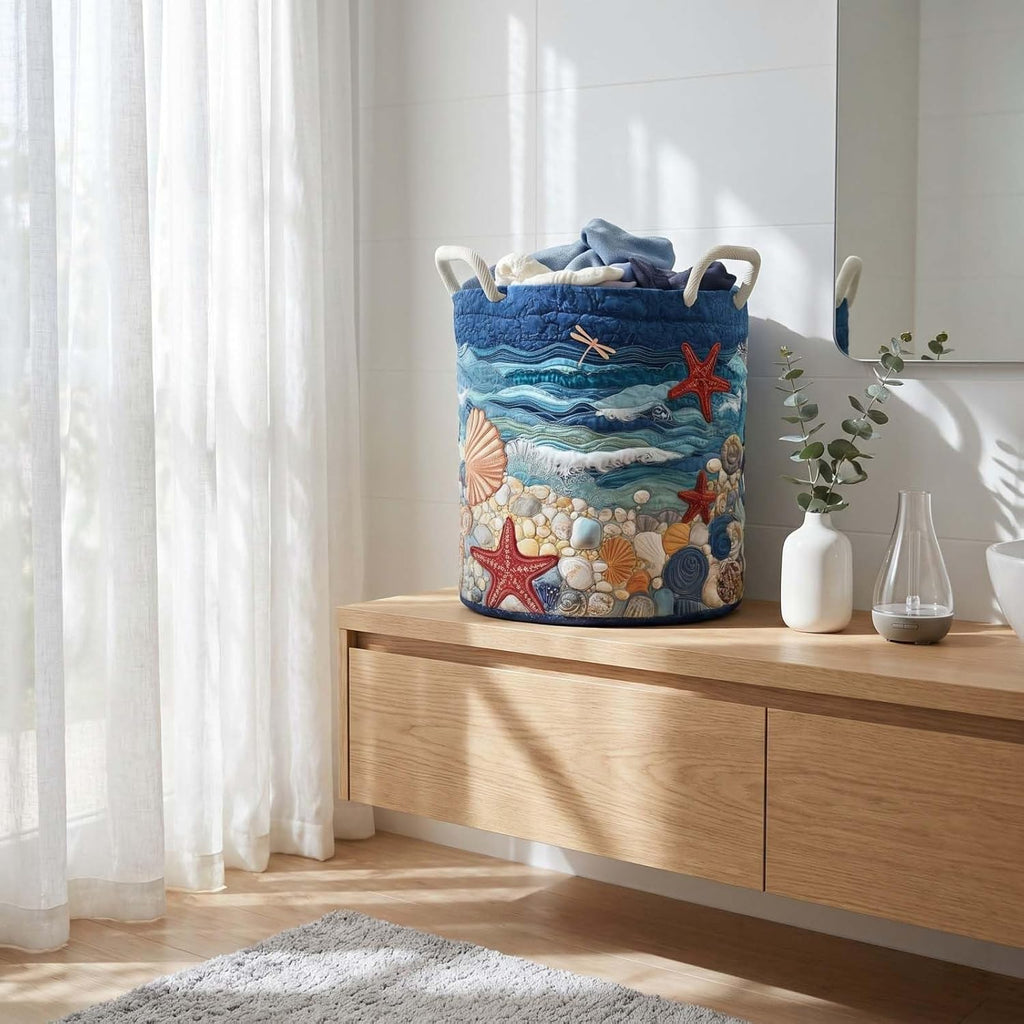 Quilted Laundry Basket with Handles Boho Fabric Storage Hamper Large Foldable Soft Storage Baskets Lightweight Multi-functional Organizer for Nursery Laundry Room Dirty Clothes Toys (Ocean)