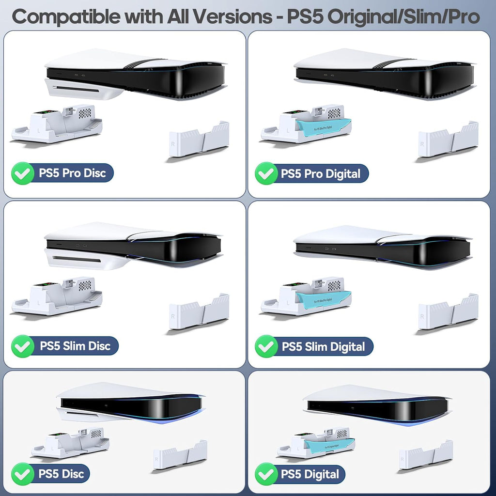 PS5/Slim/Pro Horizontal Stand with Cooling Fan & Charger for Original & Edge Controllers, Scalable Design PS5 Accessories Base with EVA Foams for All PS Five Disc & Digital, PS 5 Sideways Stand White