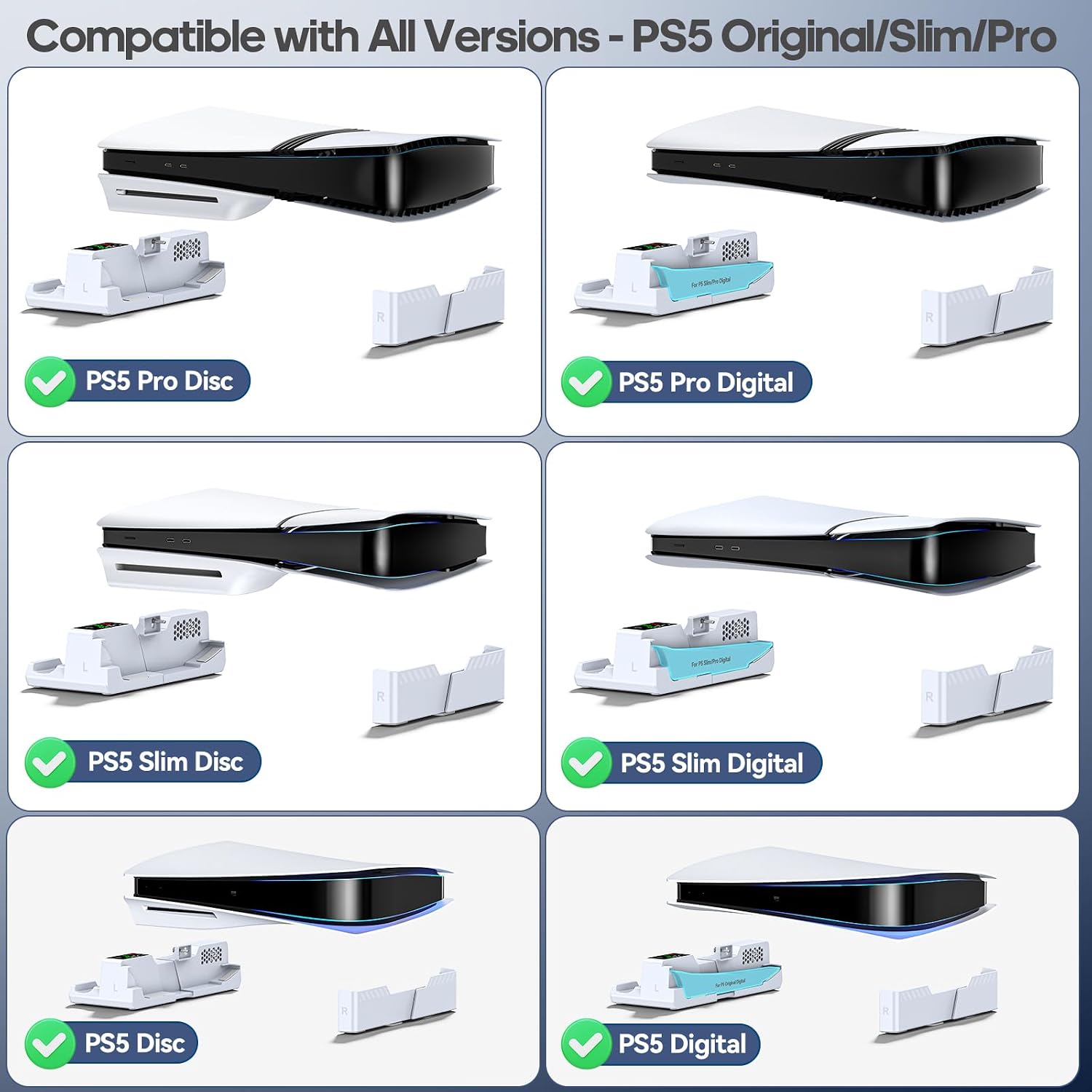 PS5/Slim/Pro Horizontal Stand with Cooling Fan & Charger for Original & Edge Controllers, Scalable Design PS5 Accessories Base with EVA Foams for All PS Five Disc & Digital, PS 5 Sideways Stand White