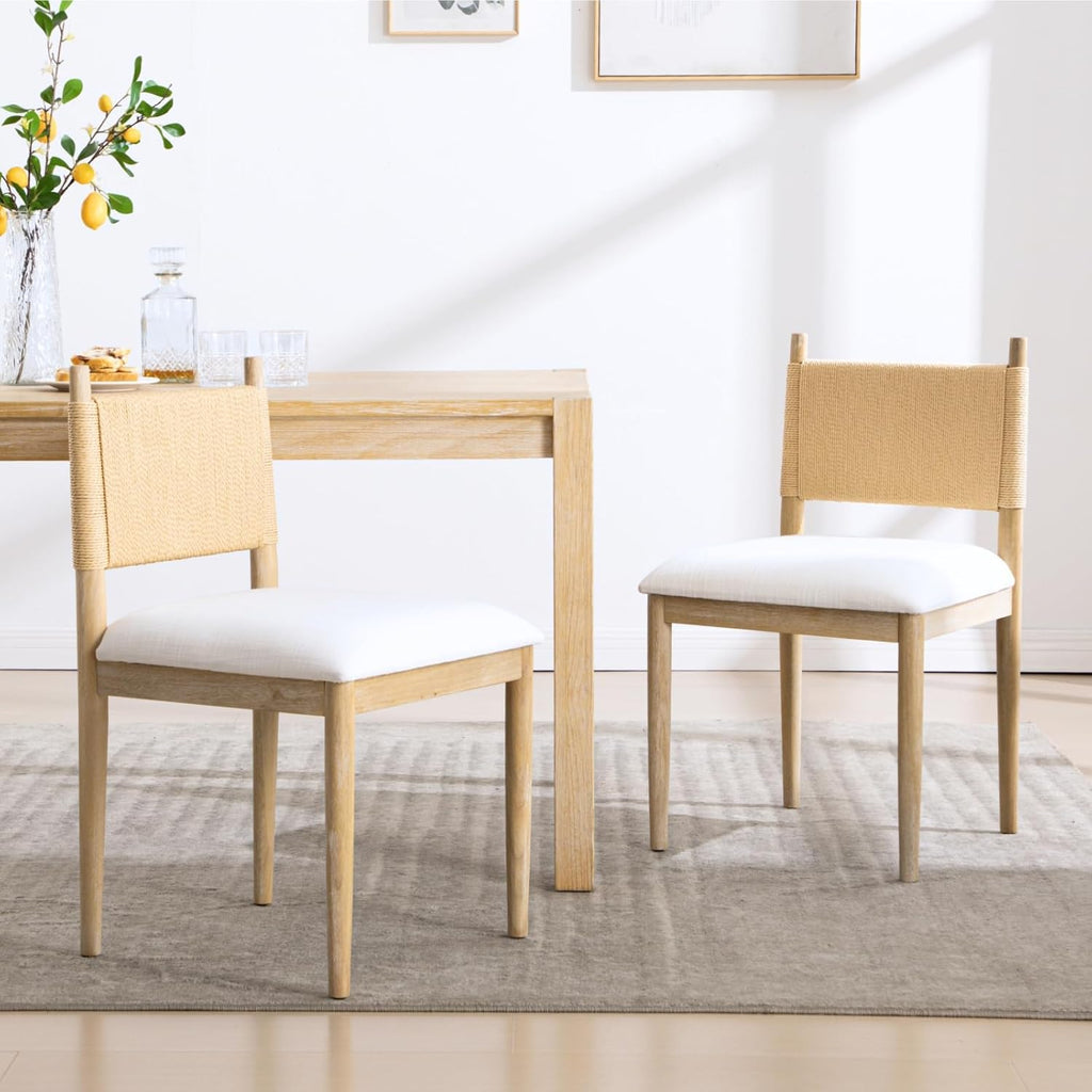chairus Modern Coastal Dining Chairs Set of 2, Linen Upholstered Fabric Dining Room Chairs with Woven Rope Back, Farmhouse Wooden Kitchen Chairs, Natural Wood